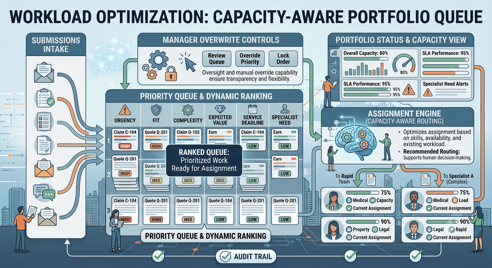 Infographic of a capacity-aware portfolio queue that ranks submissions by urgency, fit, complexity, value, deadlines, and specialist need, then routes work with manager override controls.