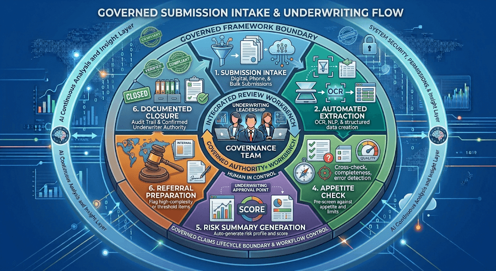 Diagram titled Governed Submission Intake & Underwriting Flow from intake and extraction through appetite, risk summary, referral, and closure.