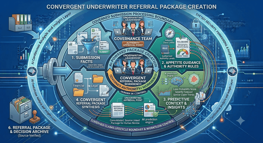Infographic titled Convergent Underwriter Referral Package Creation combining submission facts, appetite rules, predictive insights, and package synthesis.
