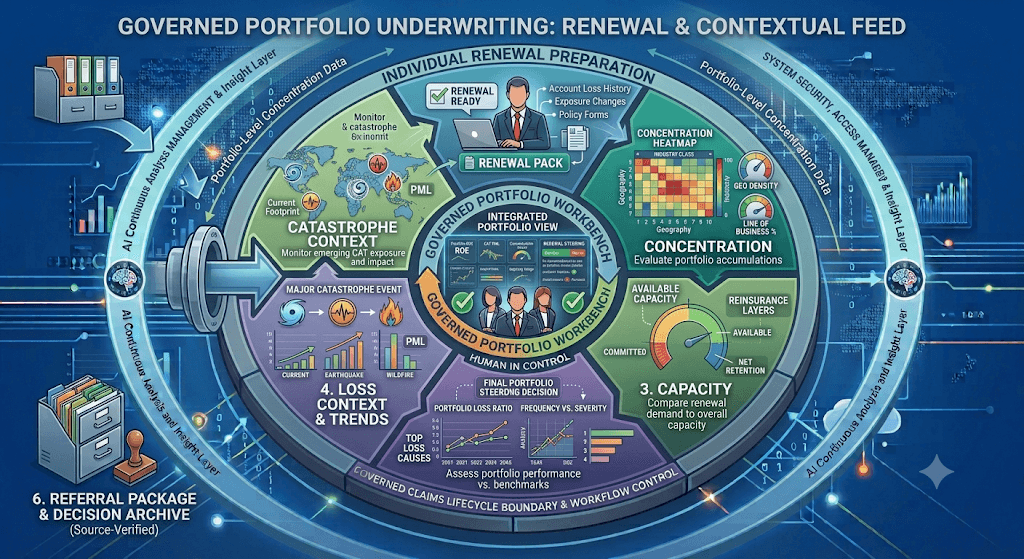 Infographic titled Governed Portfolio Underwriting: Renewal & Contextual Feed with catastrophe, concentration, capacity, and loss-trend inputs into a renewal pack.