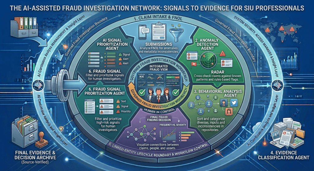 Infographic titled The AI-Assisted Fraud Investigation Network linking FNOL, anomaly, behavioral, evidence-classification, linked-entity, and signal-prioritization stages.