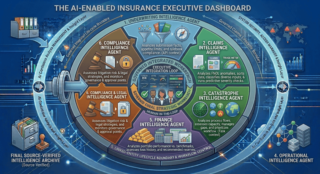 Infographic titled The AI-Enabled Insurance Executive Dashboard with underwriting, claims, catastrophe, operational, finance, and compliance intelligence agents.