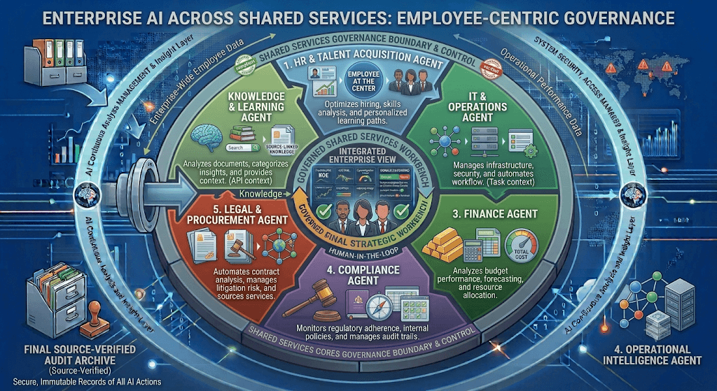 Infographic titled Enterprise AI Across Shared Services showing HR, IT, finance, compliance, legal, and knowledge agents.