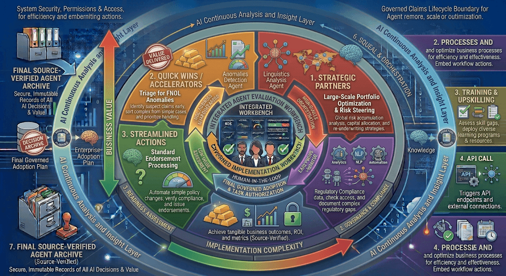 Infographic of an insurance AI workbench with quadrants for quick wins, streamlined operations, strategic partners, and scale.