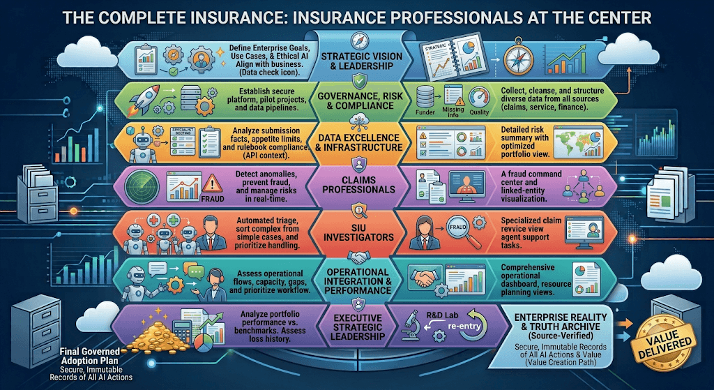 Infographic titled The Complete Insurance: Insurance Professionals at the Center stacking vision, governance, data, claims professionals, SIU investigators, operations, and executive leadership.