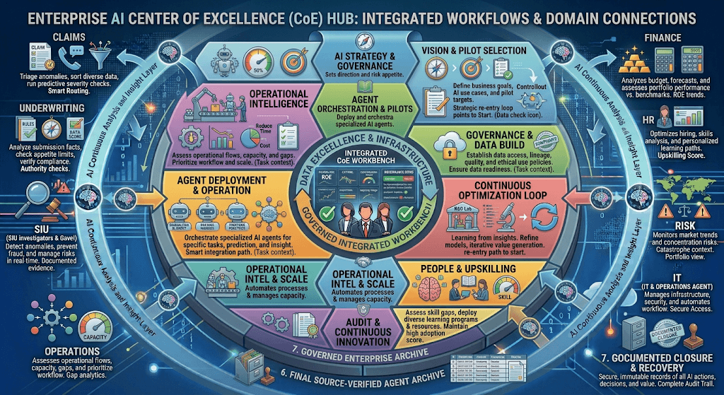 Diagram titled Enterprise AI Center of Excellence (CoE) Hub with an integrated CoE workbench surrounded by strategy, orchestration, governance, optimization, people, audit, and domain spokes.