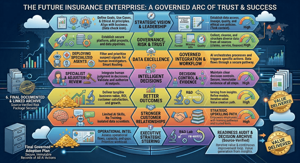 Infographic titled The Future Insurance Enterprise: A Governed Arc of Trust & Success stacking vision, governance, data excellence, intelligent decisions, better outcomes, customer relationships, and executive steering.