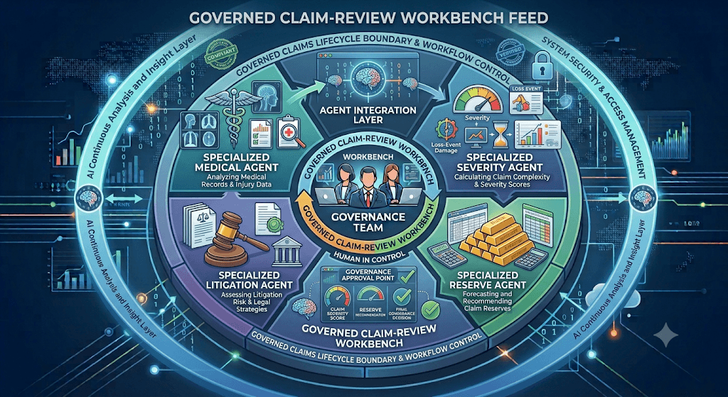 Infographic titled Governed Claim-Review Workbench Feed with medical, severity, reserve, and litigation agents feeding a central governance team.
