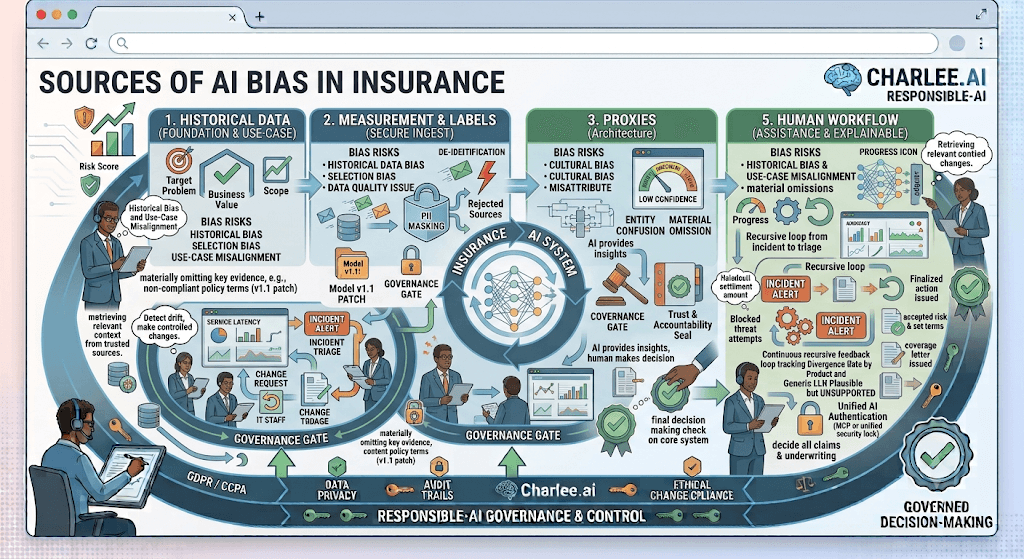 Infographic titled Sources of AI Bias in Insurance covering historical data, measurement and labels, proxies, and human workflow.