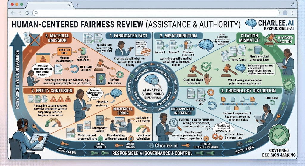 Infographic titled Human-Centered Fairness Review listing fabricated fact, misattribution, citation mismatch, chronology distortion, entity confusion, and material omission around grounded AI analysis.