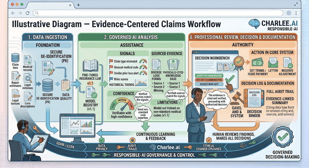 Diagram titled Illustrative Diagram – Evidence-Centered Claims Workflow from data ingestion through governed AI analysis to professional review, decision, and documentation.