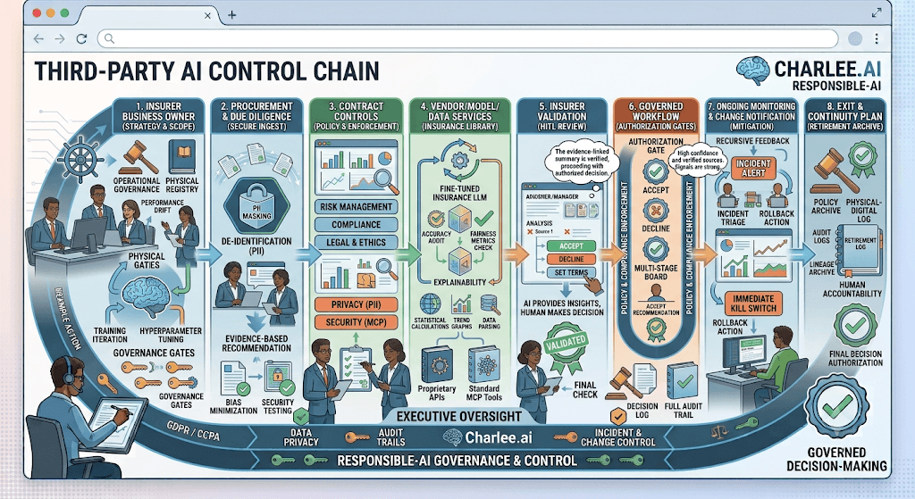 Diagram titled Third-Party AI Control Chain with eight stages from insurer business owner through exit and continuity.
