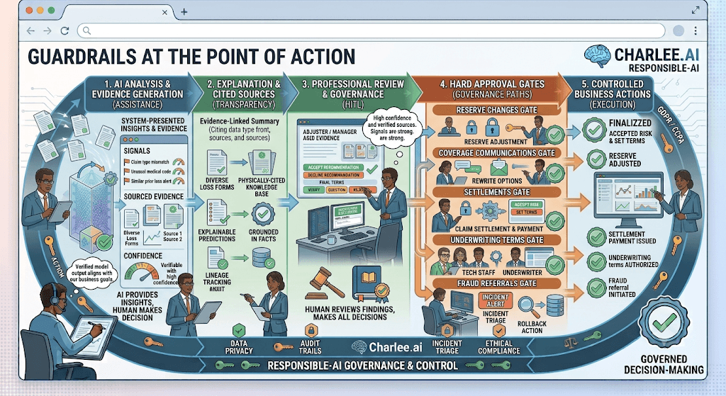 Diagram titled Guardrails at the Point of Action from analysis and explanation through professional review and hard approval gates to controlled business actions.