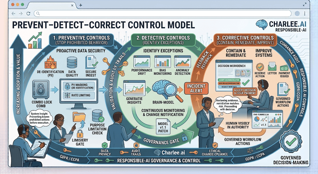 Infographic titled Prevent–Detect–Correct Control Model with three columns for preventive, detective, and corrective controls.