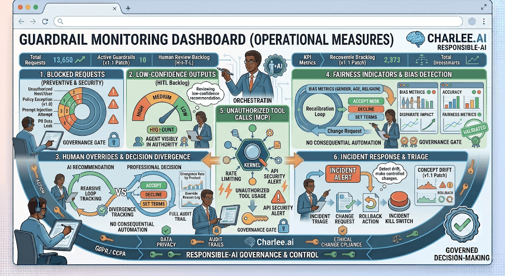 Infographic titled Guardrail Monitoring Dashboard (Operational Measures) tracking blocked requests, low-confidence outputs, human overrides, unauthorized tool calls, fairness, and incident response.