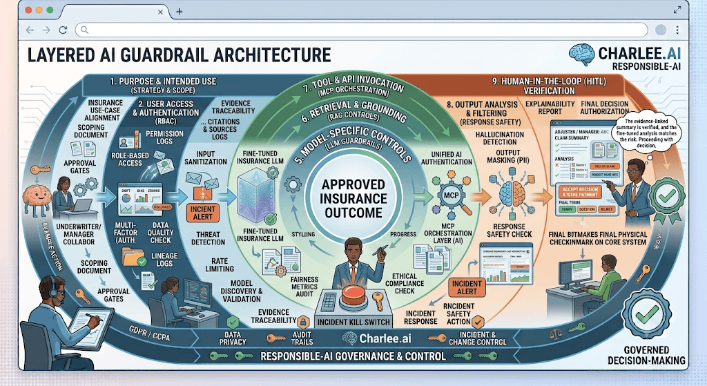 Infographic titled Layered AI Guardrail Architecture as concentric rings from purpose, access, and model/RAG/tool controls through HITL verification to an approved insurance outcome.