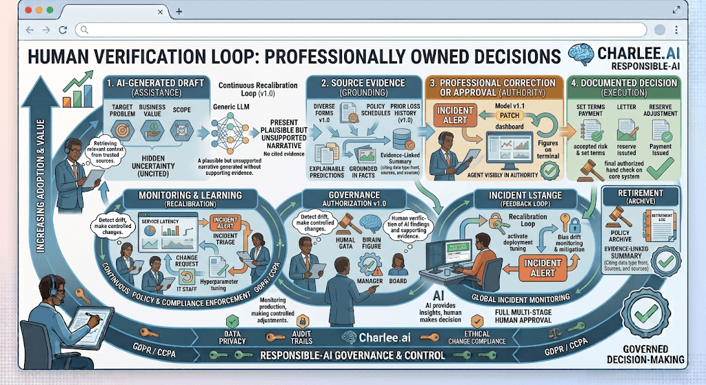 Diagram titled Human Verification Loop from AI draft through source evidence and professional correction or approval to a documented decision, with monitoring and governance rings.