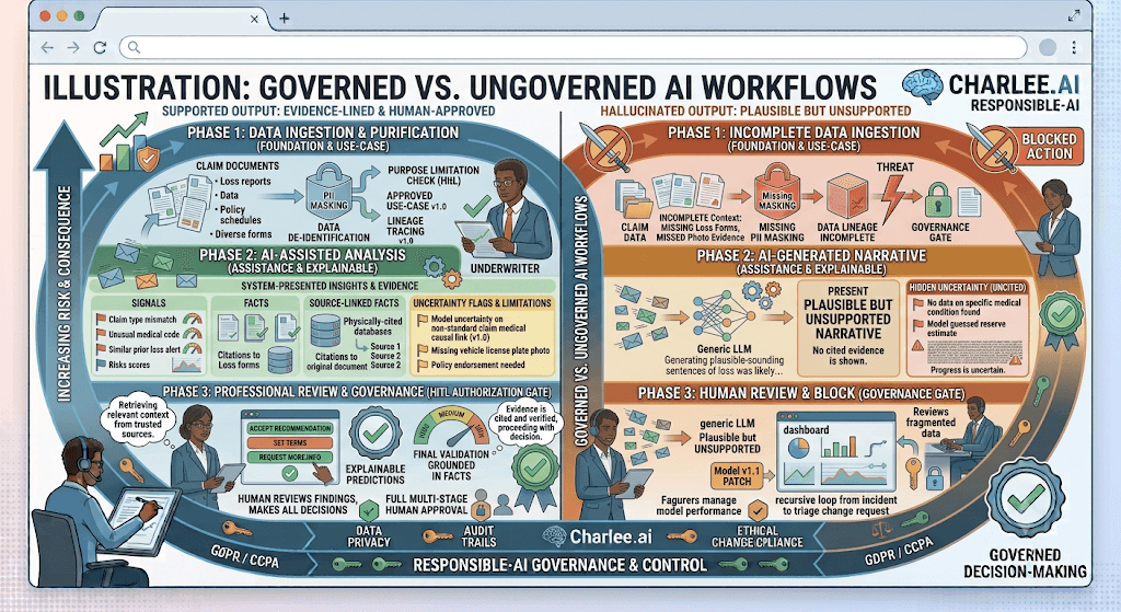 Infographic titled Illustration: Governed vs. Ungoverned AI Workflows contrasting an evidence-lined, human-approved path with a plausible but unsupported path.