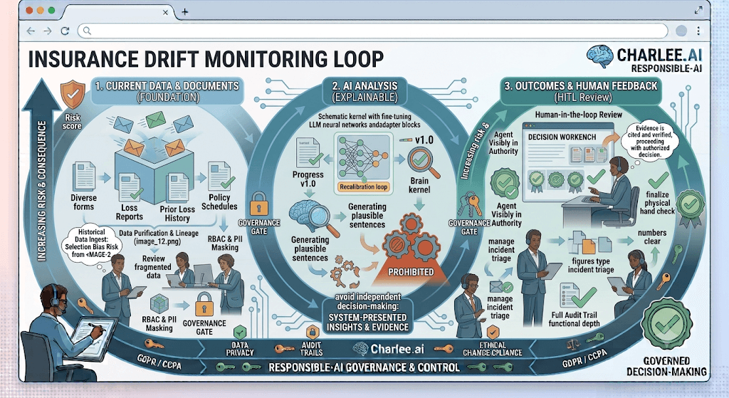 Diagram titled Insurance Drift Monitoring Loop cycling current data and documents, AI analysis, and outcomes with human feedback.