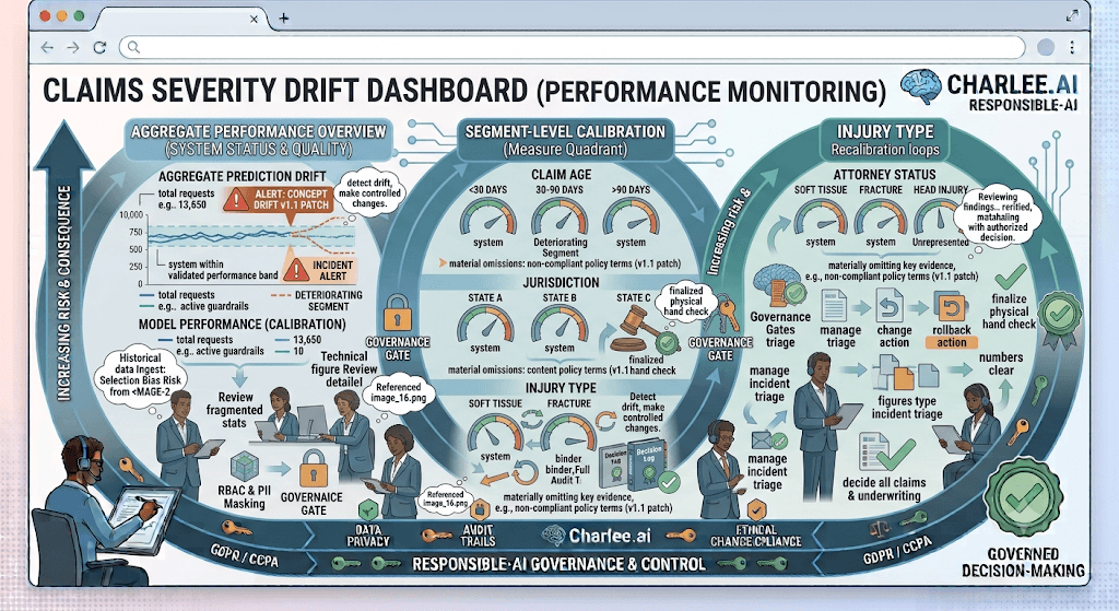 Infographic titled Claims Severity Drift Dashboard with aggregate performance and segment-level calibration by claim age, jurisdiction, injury, and attorney status.
