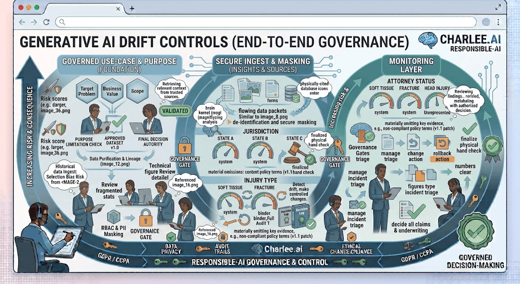 Infographic titled Generative AI Drift Controls from governed use-case through secure ingest and masking to a monitoring layer.