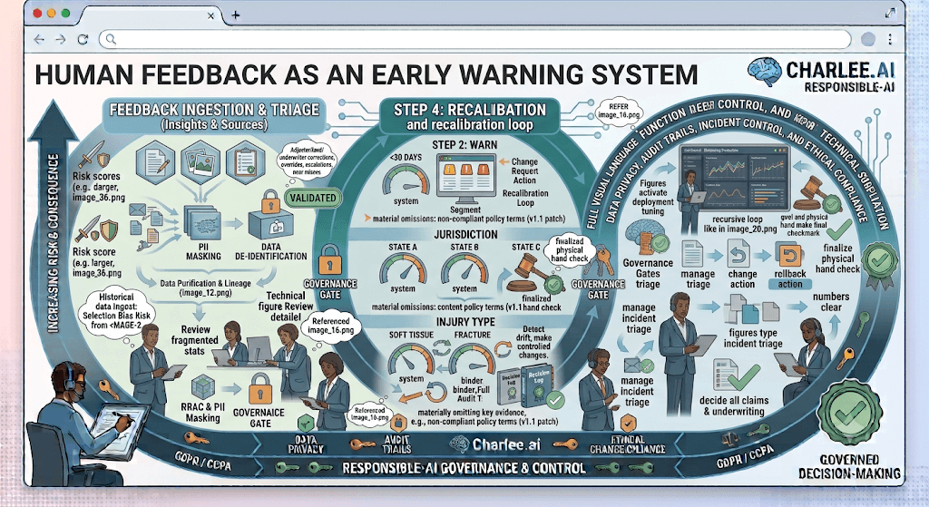 Diagram titled Human Feedback as an Early Warning System from feedback ingestion and triage through warn or recalibrate to audit trails and incident control.