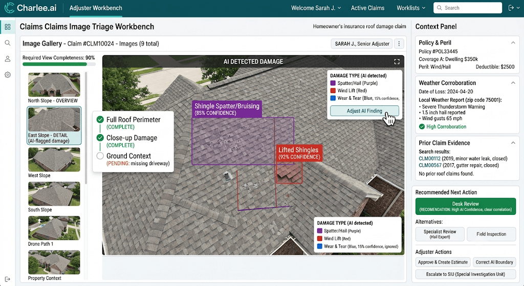 Diagram of Charlee.ai Claims Image Triage Workbench showing AI-detected roof damage boxes, confidence scores, and a context panel for policy, weather, and next actions.