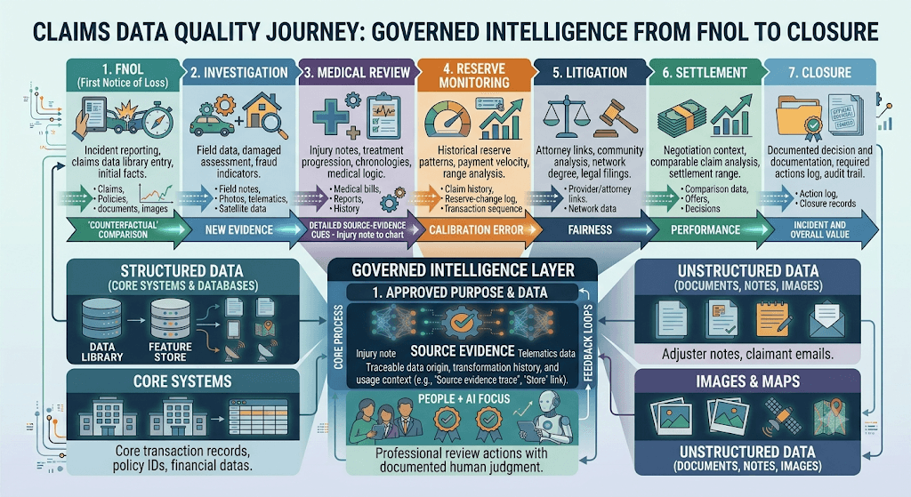 Infographic titled Claims Data Quality Journey: Governed Intelligence from FNOL to Closure with seven claim stages over structured and unstructured data feeding a governed layer.