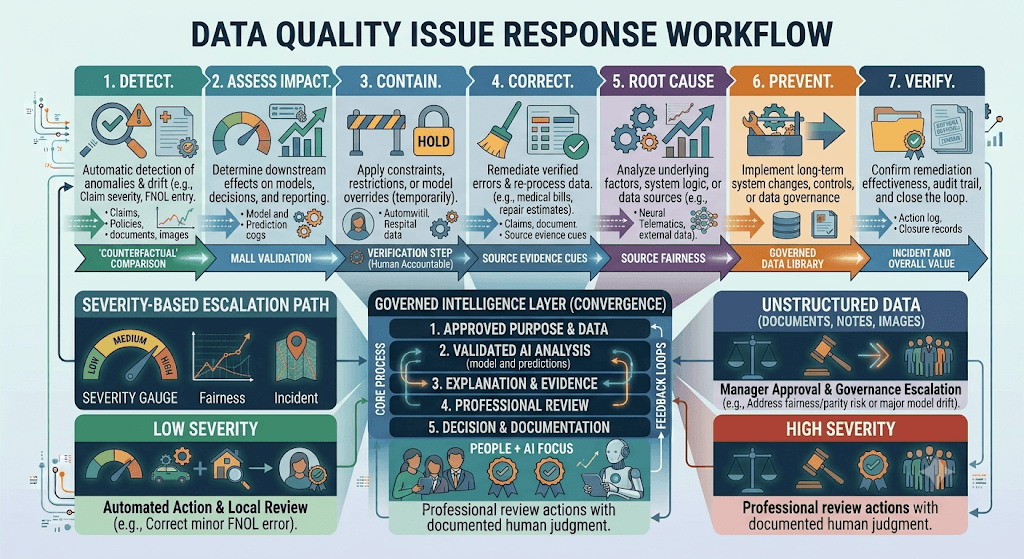 Infographic titled Data Quality Issue Response Workflow with detect-through-verify steps, severity escalation, and a governed intelligence layer.