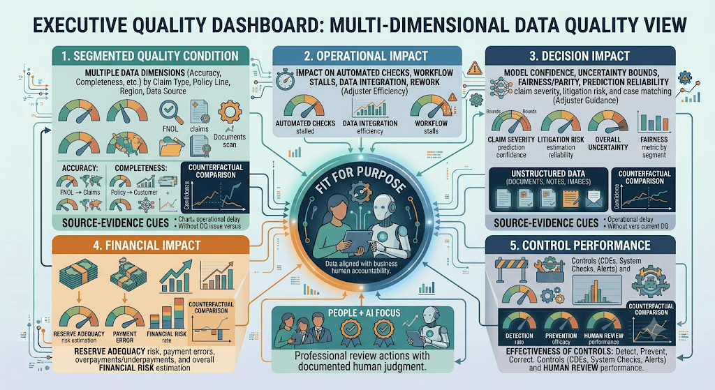 Infographic titled Executive Quality Dashboard: Multi-Dimensional Data Quality View with segmented quality, operational, decision, financial, and control-performance gauges around fit-for-purpose.