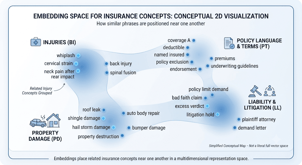 Diagram titled Embedding Space for Insurance Concepts: Conceptual 2D Visualization clustering injuries, property damage, policy terms, and liability phrases.