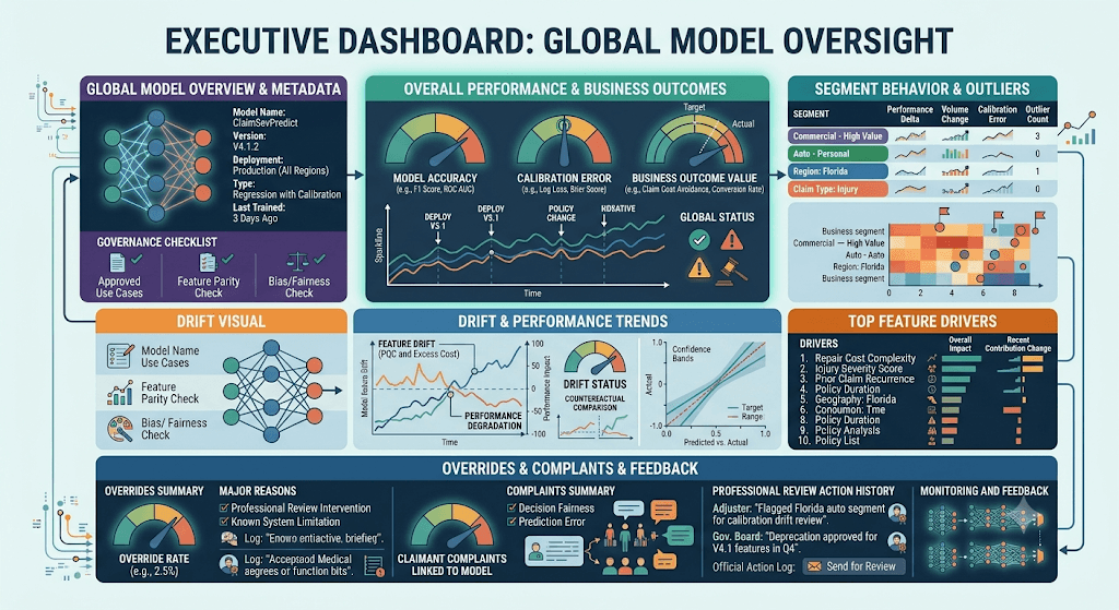 Infographic titled Executive Dashboard: Global Model Oversight with performance, segments, drift, top drivers, overrides, and complaints.