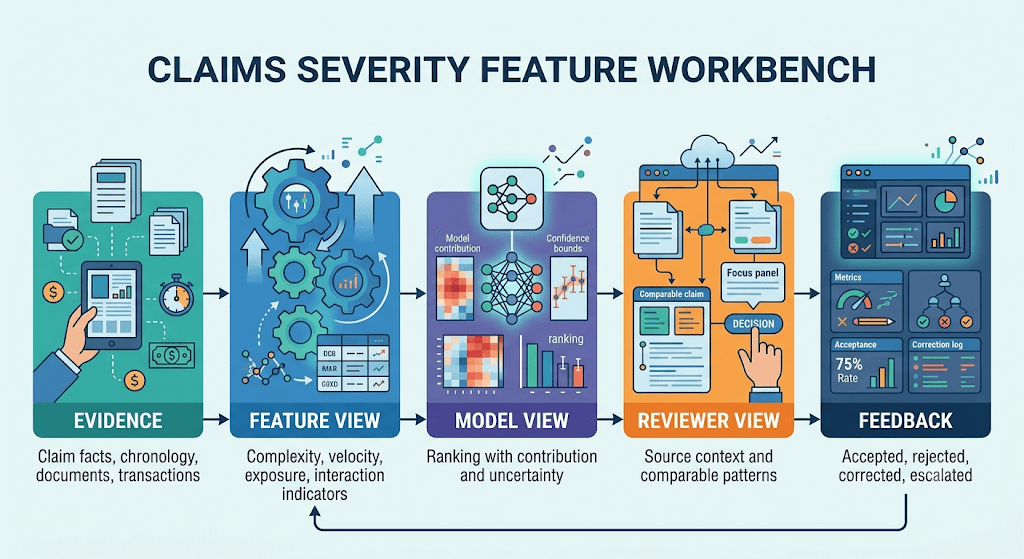 Infographic titled Claims Severity Feature Workbench from evidence through feature, model, reviewer views, and feedback.