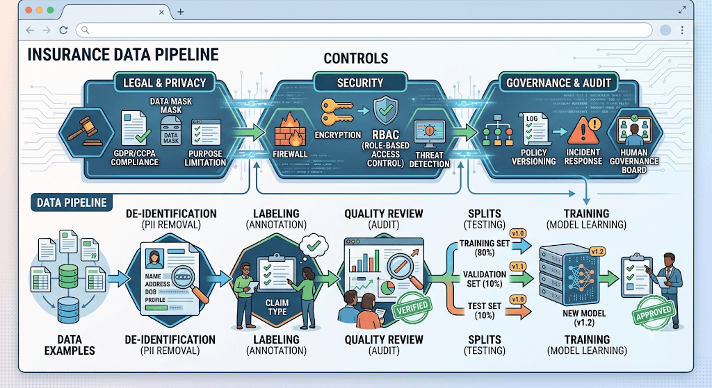 Infographic titled Insurance Data Pipeline plus Controls showing de-identification, labeling, quality review, splits, and training beside legal/privacy, security, and governance/audit.