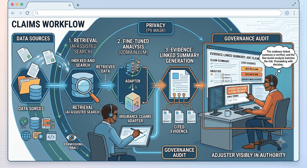 Diagram titled Claims Workflow from retrieval through fine-tuned analysis and an evidence-linked summary to governance audit, with the adjuster in authority.