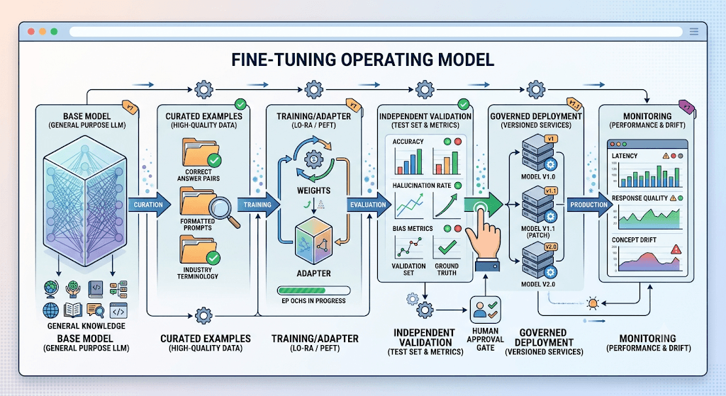 Infographic titled Fine-Tuning Operating Model from base model and curated examples through adapter training (LoRA/PEFT), independent validation, governed deployment, and monitoring.
