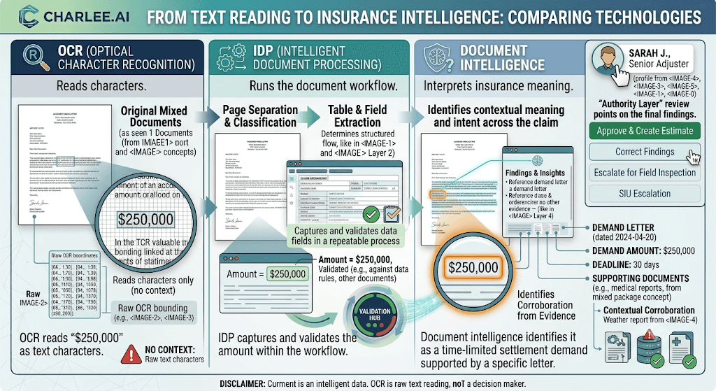 Infographic titled From Text Reading to Insurance Intelligence comparing OCR, IDP, and document intelligence on a $250,000 demand amount.