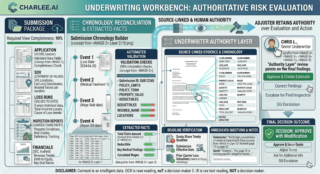 Infographic titled Underwriting Workbench: Authoritative Risk Evaluation with submission package, chronology, validation, and underwriter authority actions.
