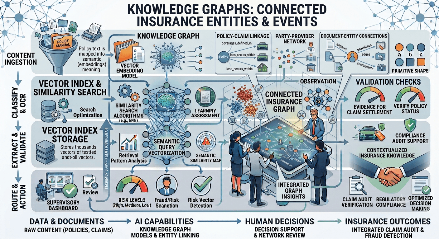 Infographic titled Knowledge Graphs: Connected Insurance Entities & Events from content ingestion through vector search, graph connections, human decisions, and outcomes.