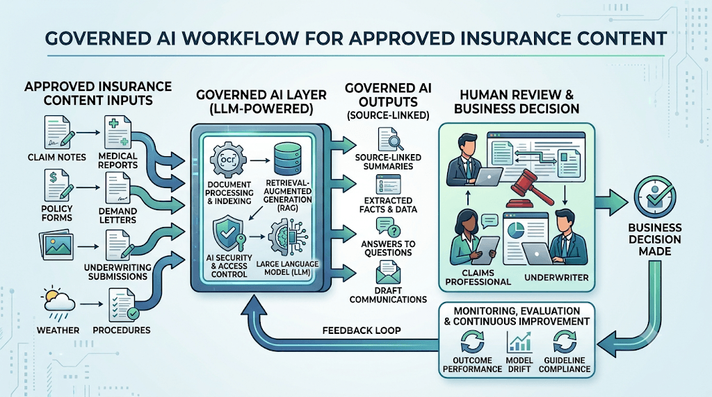 Infographic titled Governed AI Workflow for Approved Insurance Content from approved inputs through an LLM layer, source-linked outputs, human review, and monitoring.