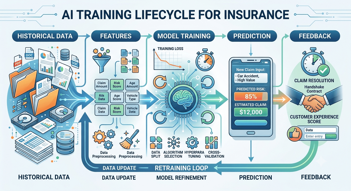 Infographic titled AI Training Lifecycle for Insurance from historical data through features, training, prediction, feedback, and a retraining loop.