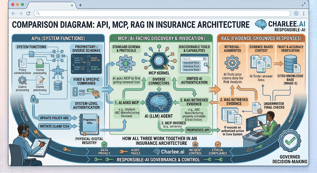 Infographic titled Comparison Diagram: API, MCP, RAG in Insurance Architecture showing APIs, MCP discovery/invocation, and RAG grounded responses working together.