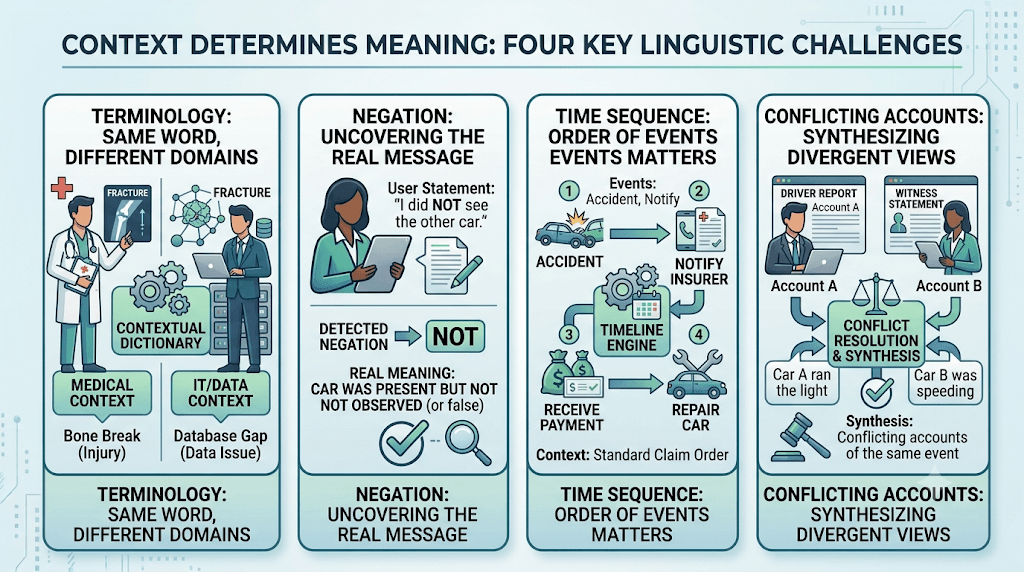 Infographic titled Context Determines Meaning: Four Key Linguistic Challenges covering terminology, negation, time sequence, and conflicting accounts.