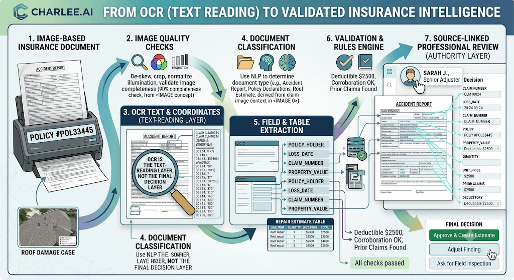 Infographic titled From OCR (Text Reading) to Validated Insurance Intelligence from scanned documents through quality checks, OCR, extraction, validation, and adjuster review.