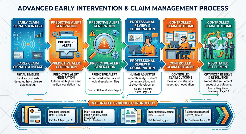 Infographic titled Advanced Early Intervention & Claim Management Process from early signals and predictive alerts through review, controlled outcome, negotiated settlement, and evidence chronology.