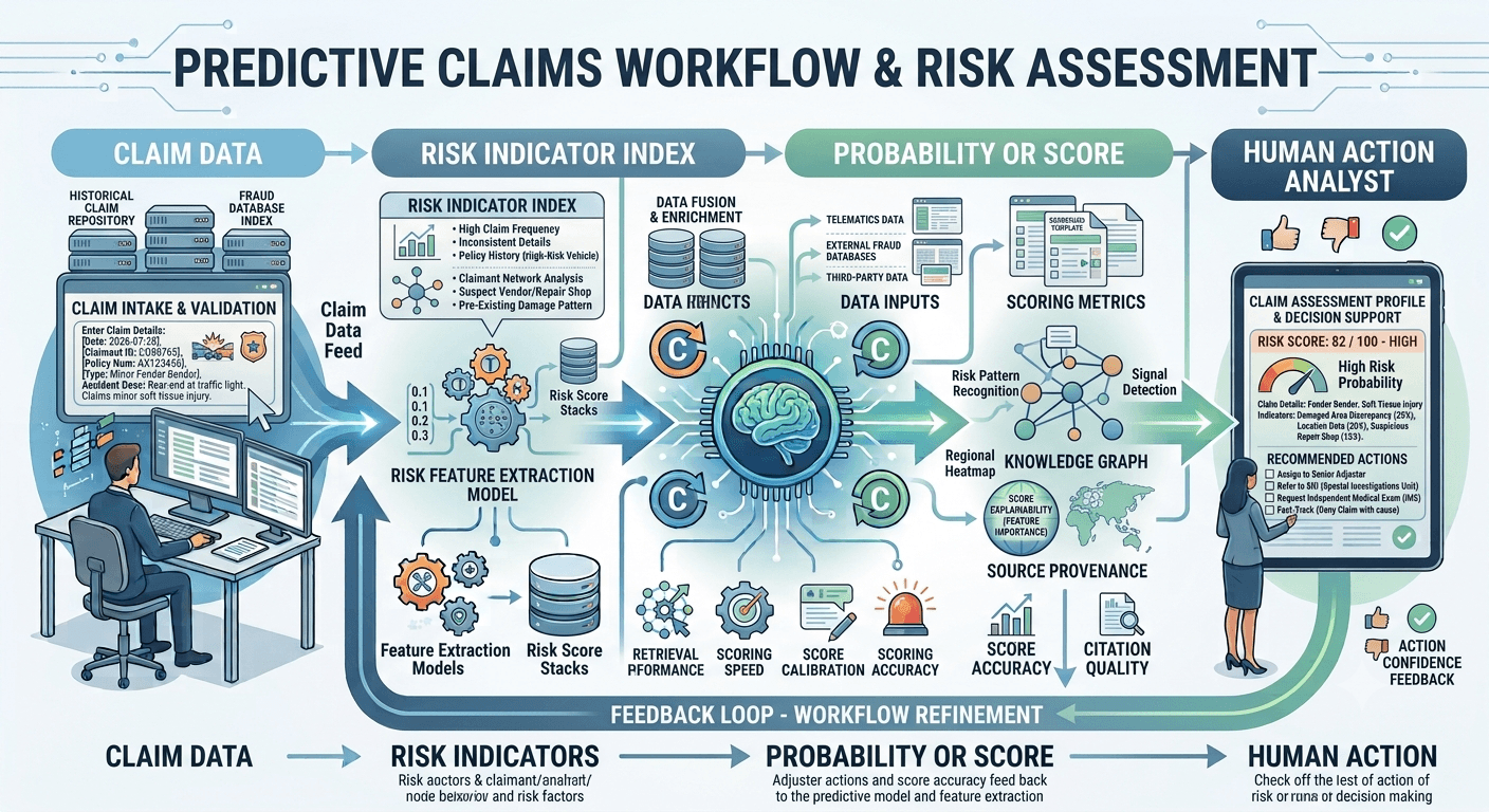 Infographic titled Predictive Claims Workflow & Risk Assessment from claim data through risk indicators and scores to a human action analyst and feedback loop.