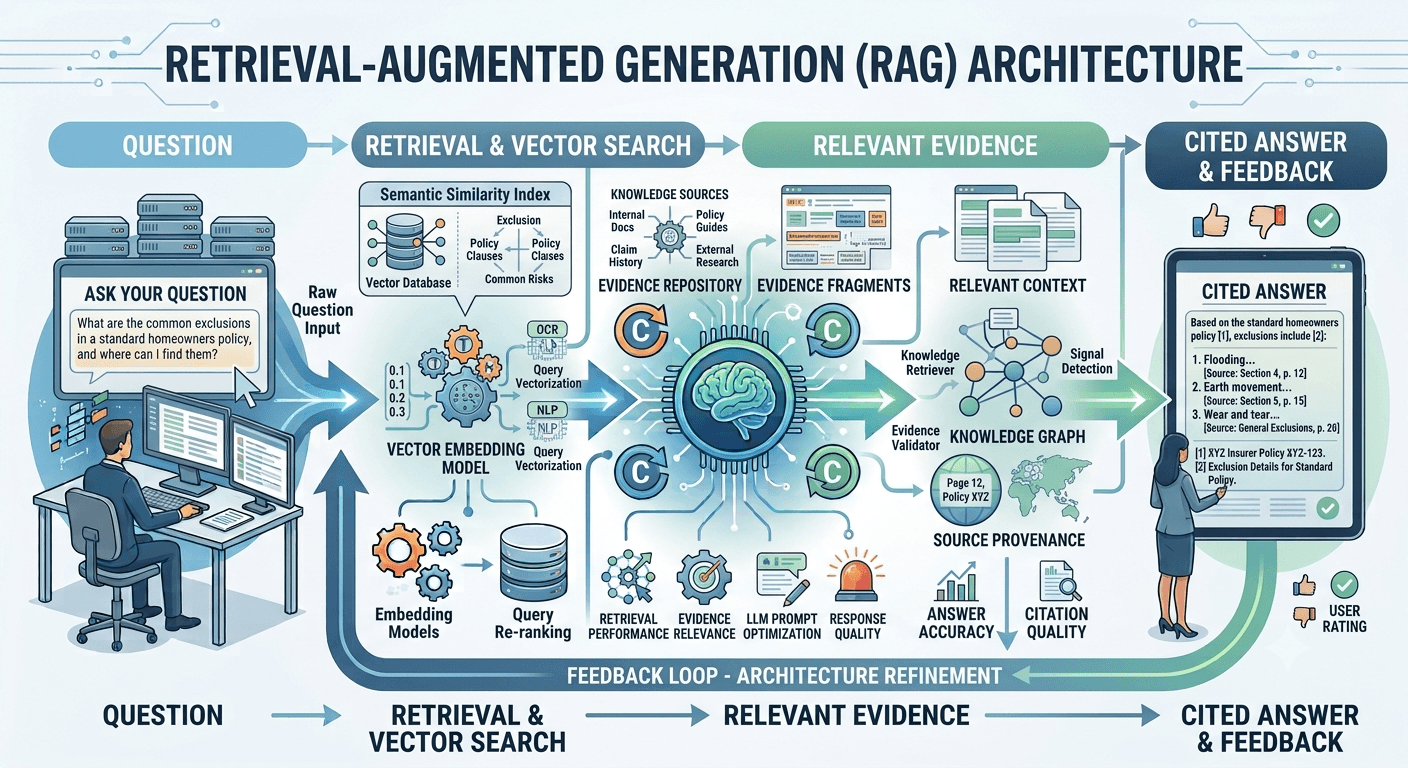Infographic titled Retrieval-Augmented Generation (RAG) Architecture from question through retrieval/vector search and relevant evidence to a cited answer and feedback.