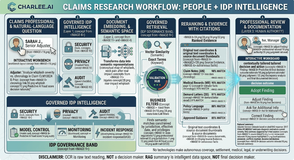 Infographic titled Claims Research Workflow: People + IDP Intelligence from a natural-language question through embedding, governed retrieval, cited evidence, and professional documentation.