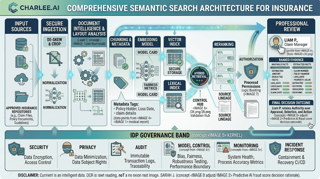 Infographic titled Comprehensive Semantic Search Architecture for Insurance from secure ingestion through embeddings, hybrid retrieval, reranking, and professional review plus a governance band.
