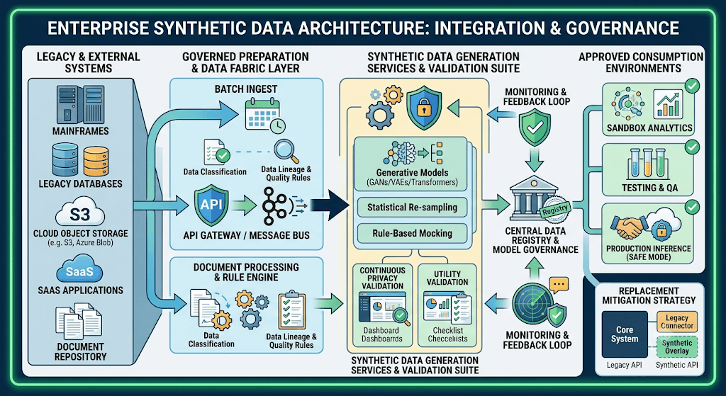 Diagram titled Enterprise Synthetic Data Architecture connecting legacy systems, a data fabric, generation and validation, and consumption environments.